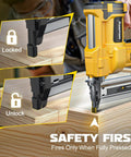 Heavy Duty Pro Grade Cordless 2 Inch Brad Nailer, Hella Sturdy 2 In 1 Electric Nail And Staple Gun demonstrating safety features on wood.