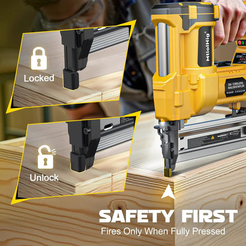 Heavy Duty Pro Grade Cordless 2 Inch Brad Nailer, Hella Sturdy 2 In 1 Electric Nail And Staple Gun demonstrating safety features on wood.