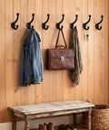 Six Pack Cast Iron Wall Hooks Vintage Black Metal Heavy Duty Coat Rack Bathroom Kitchen Entryway Decor with jackets and bag