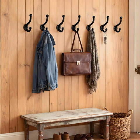 Six Pack Cast Iron Wall Hooks Vintage Black Metal Heavy Duty Coat Rack Bathroom Kitchen Entryway Decor with jackets and bag