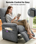 Woman relaxing in Power Recliner Chair For Adults With Remote Stepless 105 To 165 Degree Recline Chenille Upholstery