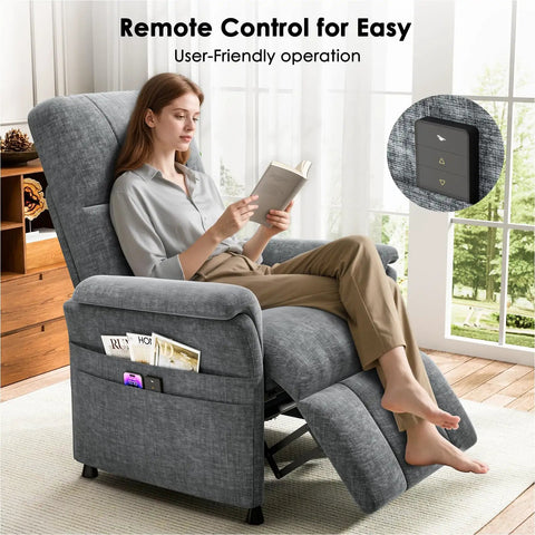Woman relaxing in Power Recliner Chair For Adults With Remote Stepless 105 To 165 Degree Recline Chenille Upholstery