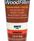 Front view of Carpenters Wood Filler 3.25 Ounce Tube White Paintable And Sandable Quick Water Cleanup Resists Shrinking And Cracking