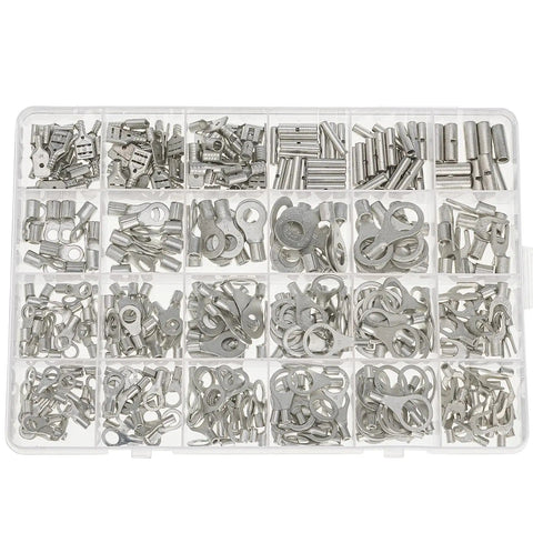 All In One Auto Wiring Kit 410 Pieces Tin Plated Copper Non Insulated Butt Spade Ring Lug Crimp Connectors Assortment For Cars And DIY Wiring Fits AWG 22 To 16 16 To 14 And 12 To 10 Gauge in a storage box