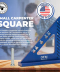 Handy Compact Carpenters Tool With Fixed Miter Angle Pin For Precision Woodworking Ideal For DIYers Pocket Sized Scribe Holes 1/16 Inch And 5 By 1/4 Inch Pin Holes Made In USA English Blue showing carpentry square on table.
