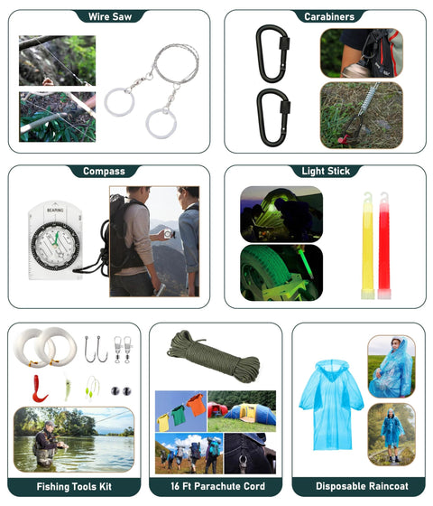 Outdoor survival kit, 262-piece set with carabiners, compass, wire saw, paracord, fishing tools, tent and raincoat