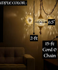 Dimly lit room with Turkish Mosaic Plug In Swag Pendant Light With 6.5 Inch Globe Large Hanging Ceiling Lamp casting shadows.