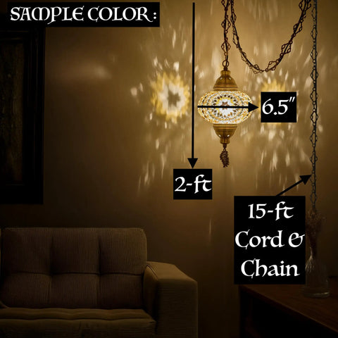 Dimly lit room with Turkish Mosaic Plug In Swag Pendant Light With 6.5 Inch Globe Large Hanging Ceiling Lamp casting shadows.