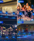 Blue Solar Torch Lights 6 Pack With Flickering Flame, Waterproof Outdoor Garden Decor Torches in varied settings.