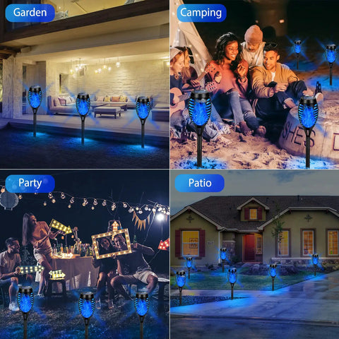 Blue Solar Torch Lights 6 Pack With Flickering Flame, Waterproof Outdoor Garden Decor Torches in varied settings.