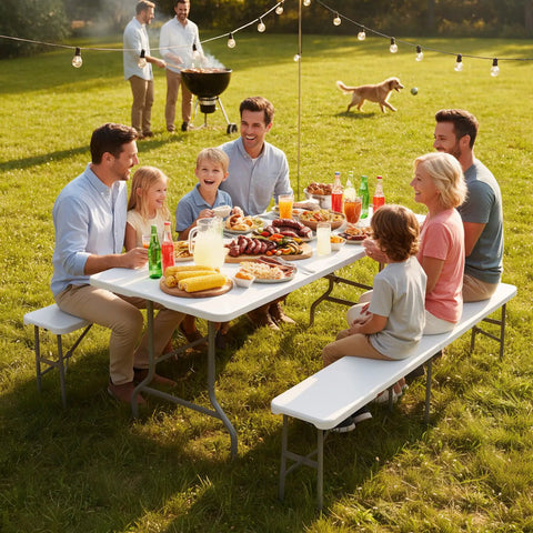 Family enjoying a meal outdoors on a White Folding Picnic Table Set With 2 Benches, 6 Feet Portable Outdoor Indoor Table And Chair Set.