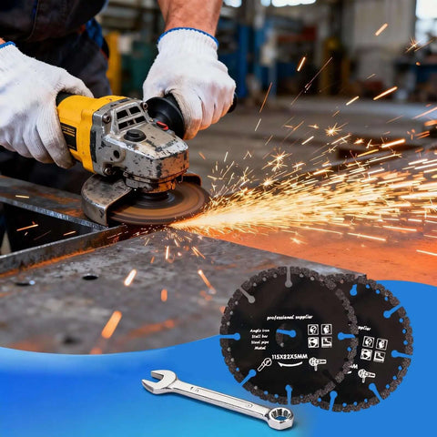 Person using angle grinder with 3 Pack 4.5 Inch Diamond Cutting Wheel For Angle Grinder Dry And Wet Use Heavy Duty Indestructible Disc
