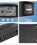 Close-up of MPPT Solar Charge Controller 100A for 12V/24V Systems with LCD display, dual USB ports, and connection terminals.
