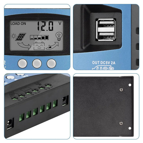 Close-up of MPPT Solar Charge Controller 100A for 12V/24V Systems with LCD display, dual USB ports, and connection terminals.