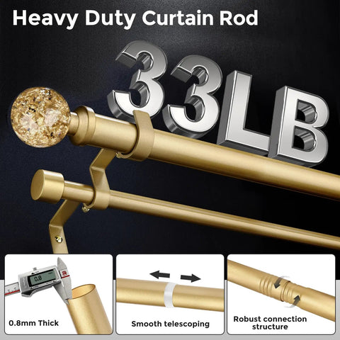 Gold Extra Long Dual Curtain Rod Set 36 To 153 Inches Adjustable Heavy Duty Vintage Spliced 1 Inch with Crystal Foil Finials