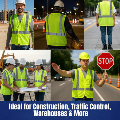 Workers wearing High Visibility Neon Safety Vest With Universal Fit ANSI ISEA Class 2 Lightweight Sweat Free Mesh on construction site.