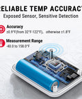 TempPro wireless freezer/fridge thermometer with alarm; blue rechargeable battery module and exposed electronics (front view).