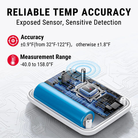 TempPro wireless freezer/fridge thermometer with alarm; blue rechargeable battery module and exposed electronics (front view).