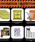 48 Hour Survival Kit With 228 Pieces Of Go Bag Gear featuring water and food rations, camp stove, and hydration tools.