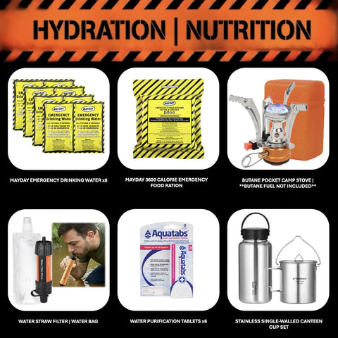 48 Hour Survival Kit With 228 Pieces Of Go Bag Gear featuring water and food rations, camp stove, and hydration tools.