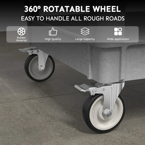 Close-up of Heavy Duty Plastic Utility Cart On Wheels With Large Flat Top 46 By 25 Inch showing 360-degree rotatable wheel.