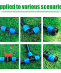 Half Inch Drip Irrigation Fittings Kit 24 Piece Set With Tees Elbows Couplings Switch Valves End Caps And Hose Adapters For 1/2 Inch ID Drip Tubing DIY Garden System shown in various scenarios on grass