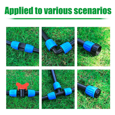 Half Inch Drip Irrigation Fittings Kit 24 Piece Set With Tees Elbows Couplings Switch Valves End Caps And Hose Adapters For 1/2 Inch ID Drip Tubing DIY Garden System shown in various scenarios on grass