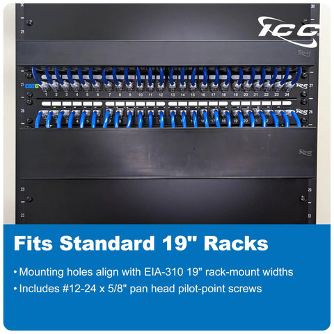 2U Finger Duct Cable Manager Panel with Cover for 19 Inch Racks, horizontal view of black rack mount with slotted plastic fingers