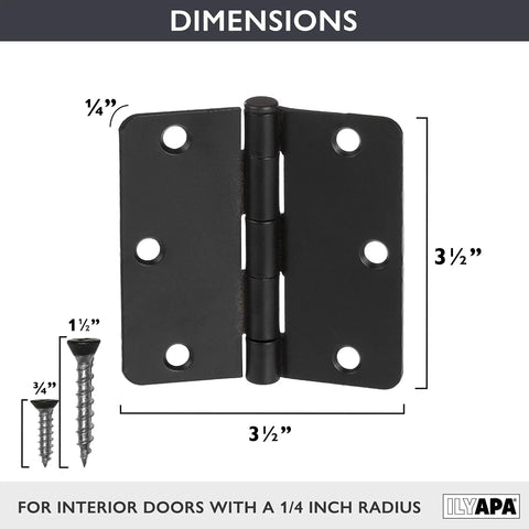 Matte Black Interior Door Hinges 18 Pack, 3.5 By 3.5 Inch Radius Corner Hinges With One Quarter Inch Radius shown with dimensions and screws