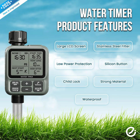 Outdoor Garden Hose Sprinkler Timer With Auto Manual And Rain Delay Modes Large LCD Display water timer with feature labels