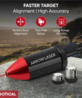 Arrow Laser Sight for Bow and Crossbow, Tactical Archery Red Dot Bore Sight on outdoor rock, showing alignment targets