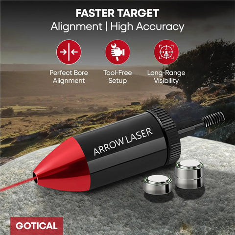 Arrow Laser Sight for Bow and Crossbow, Tactical Archery Red Dot Bore Sight on outdoor rock, showing alignment targets