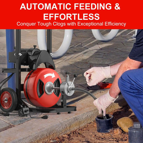 No Sweat Auto Feed Drain Auger One Hundred Foot Electric Sewer Snake with steel cable and auto-feed in action.