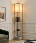 Cozy Rustic Wood Shelf Floor Lamp With Shade And Built-In 9W LED Bulb in corner of living room with decor on shelves