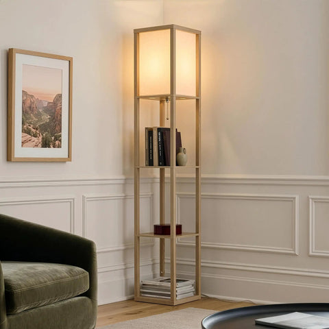 Cozy Rustic Wood Shelf Floor Lamp With Shade And Built-In 9W LED Bulb in corner of living room with decor on shelves