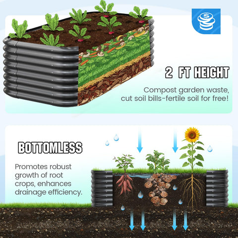 Illustration of Oval Galvanized Raised Garden Bed Kit With Strengthened Crossbar For Tall Metal Planter Box To Grow Veggies In Outdoor Backyard 6 By 3 By 2 Feet Dark Gray Safe No Sharp Corners Heavy Duty And Easy To Set Up, showcasing soil layers and drainage efficiency.