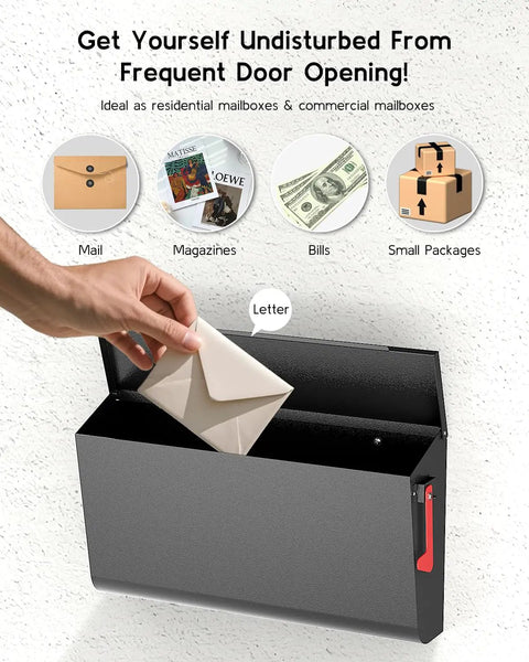 Heavy Duty Wall Mount Mailbox With Flag For Outdoor Use, showing envelope insertion, galvanized steel, black, weatherproof design.