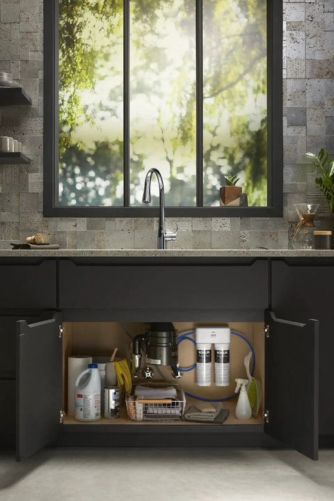 Kitchen setup with Aquifer Double Cartridge Water Filtration System for Kitchen Bath and Beverage Faucets installed under sink.