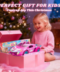 Girl opening a pink gift box with a Girls Rainbow Glow Remote Control Car, unicorn style lights, and drift wing, for ages 3 to 12.