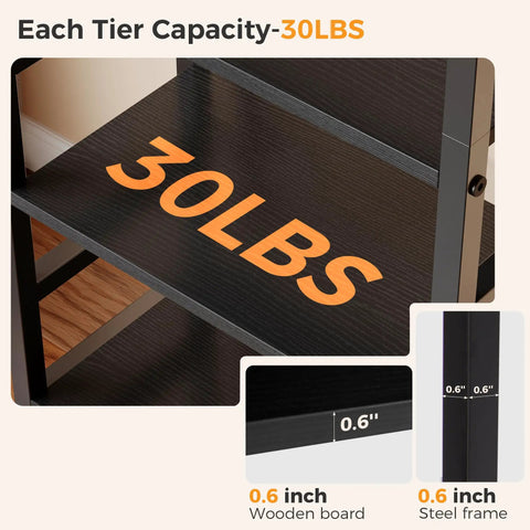 Heavy Duty Five Tier Bookshelf With Thick Wood Panels And Steel Frame Modern Tall Narrow Bookcase showing 30LB capacity per shelf, 0.6 inches thick wood and steel.