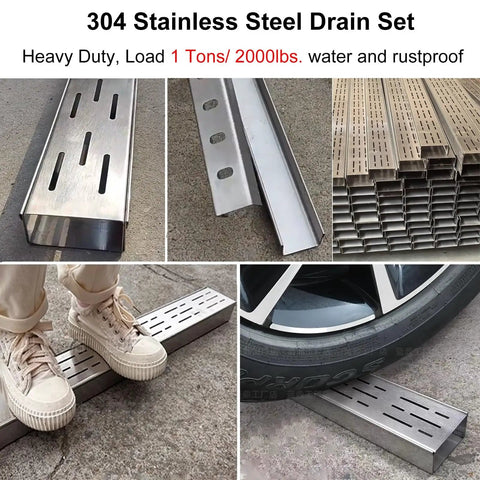 Heavy Duty Trench Drain Kit Up To 1 Ton Load Capacity For Driveways Courtyards Lawns And Patios With Durable Stainless Steel Grate