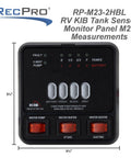 RV Tank Monitor Panel M23 Replacement For Fresh Water Gray And Black Tanks Panel Only 12V System Battery Voltage Readout With Back Or White Finish No Fuss Setup And Durable Design For Reliable Tank Level Readouts. Black RV tank monitor panel, 3 3/4-inch square, with battery and tank level lights.