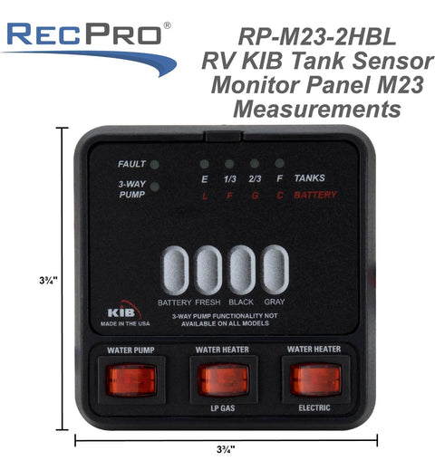 RV Tank Monitor Panel M23 Replacement For Fresh Water Gray And Black Tanks Panel Only 12V System Battery Voltage Readout With Back Or White Finish No Fuss Setup And Durable Design For Reliable Tank Level Readouts. Black RV tank monitor panel, 3 3/4-inch square, with battery and tank level lights.