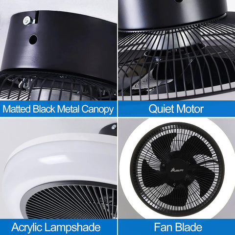 Close-up of bladeless ceiling fan with lights remote control three color temperature adjustable wind speeds quiet enclosed low profile