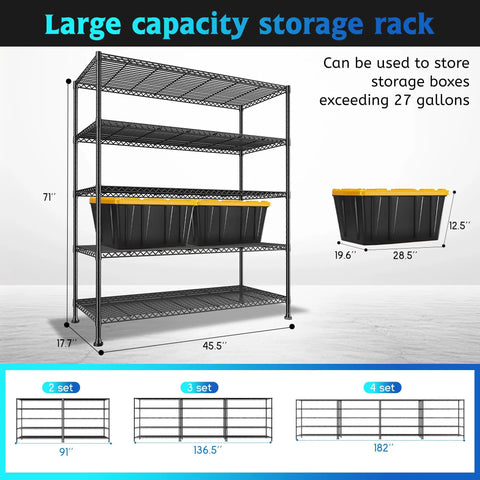 Five Tier Heavy Duty Wire Shelving Unit For Warehouse And Supermarket Built To Last 71 Inch Tall With Extra Shelf 25 Percent More Storage on black steel rack