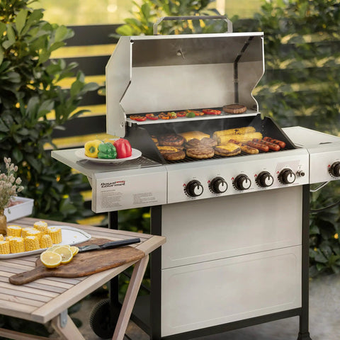 Five Burner Propane Gas Grill With Side Burner In Stainless Steel For Patio And Backyard 61,000 BTU Total Output 602 Sq In Cooking Space
