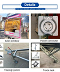 Commercial Grade 13 Foot Stainless Steel Food Trailer With Slick Mirror Polish showing sales window, power connector, towing system, and truck jack.