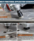Diamond Hole Saw Kit 13 Piece Set For Ceramic Porcelain And Granite showing core drill bit and beveling chamfer bit in use.