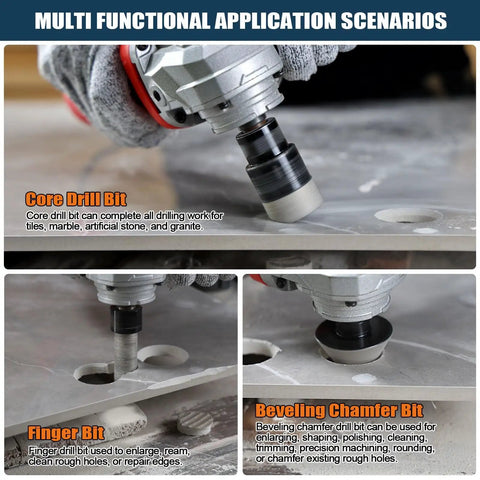 Diamond Hole Saw Kit 13 Piece Set For Ceramic Porcelain And Granite showing core drill bit and beveling chamfer bit in use.