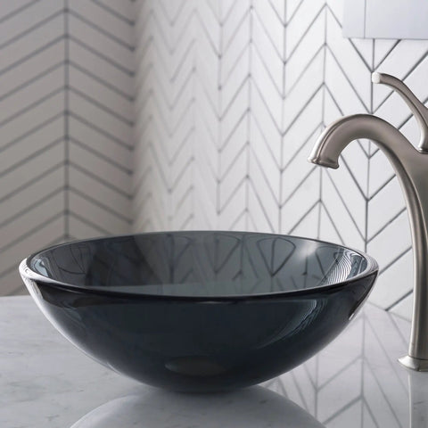 Round Clear Black Glass Vessel Sink For Bathroom, 14 Inch Above-Counter Design, Scratch-Resistant Surface, Modern Look